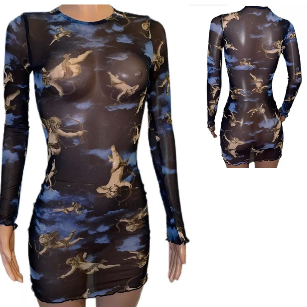 Sexy Angels angel print Art Masterpiece Sheer Mesh 90s Dress Cover Up Rave New